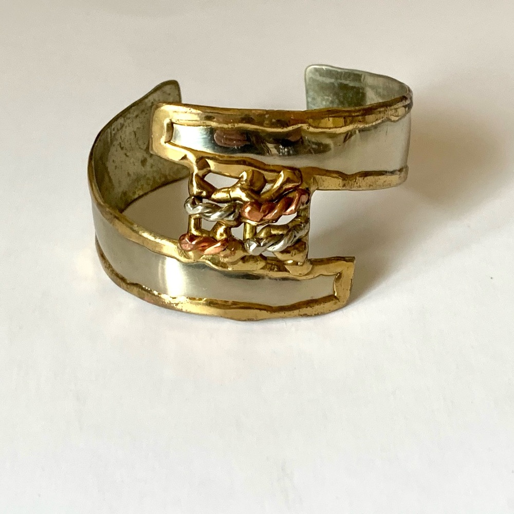 Brutalist Mixed Metal Cuff Bracelet Hallmarked with Unknown Marking